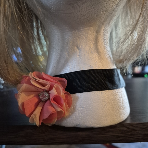 Accessories - Black Ribbon Choker with Pink-Orange Floral Accent